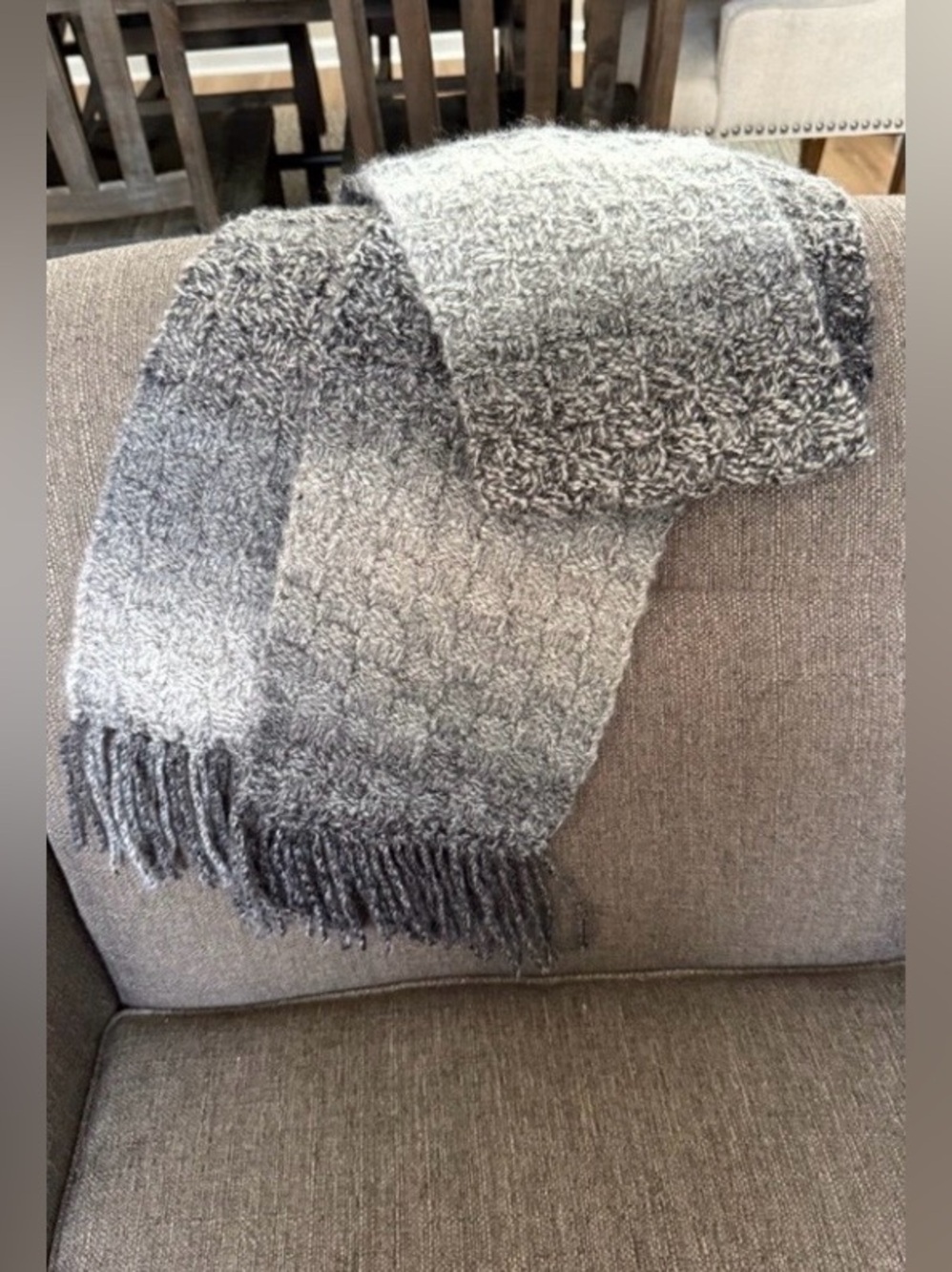 New Gorgeous handmade light and dark gray Scarf. Warm and cozy scarf.
